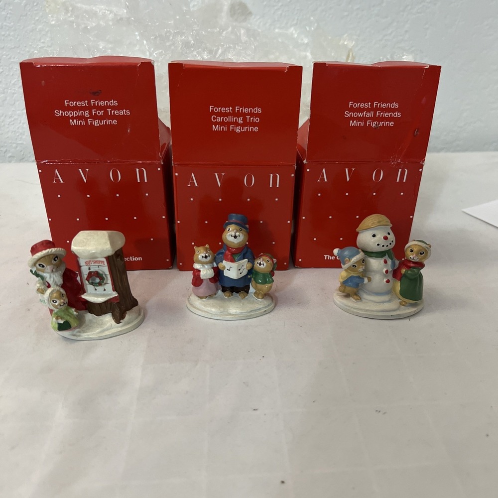 Lot of 3 Vintage Avon Christmas‎ Forest Friends Mini Figurines In Box Decor